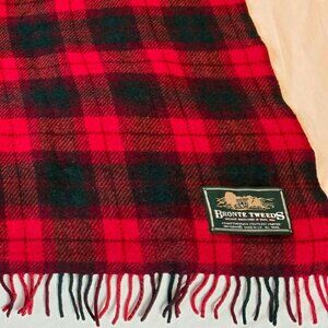 Vintage Bronte Tweeds Red & Green Plaid Warm Wool Throw Blanket With Fringe